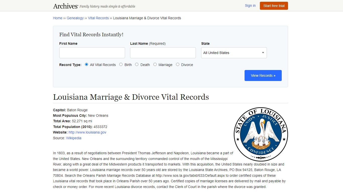Louisiana Marriage & Divorce Records | Vital Records - Archives.com